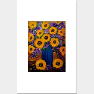 Sunflowers and mixed purple and pink flowers.  I'm a metallic blue gold and bronze and turquoise vase. Posters and Art